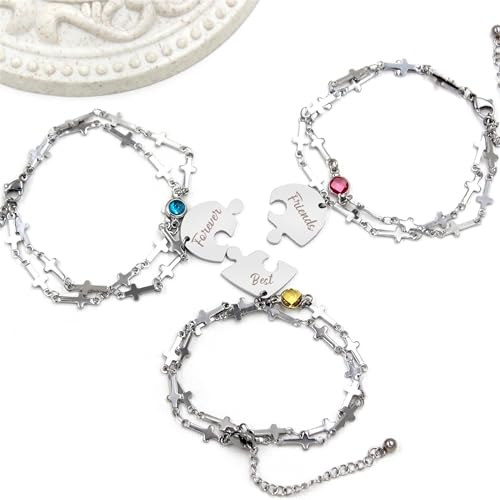 Image of 3 Heart-shaped Jigsaw Family Friendship Bracelets - Double Stainless Steel Cross Chain Birth Stone Charm Layered Heart Bracelets for Female Friendship Personalized Custom Jewelry