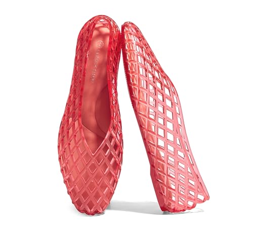 LUCKY STEP Womens Jelly Ballet Flats Mesh Casual Comfortable Jellies Shoes Clear Hollow Breathable Sandals(10 M US Red)