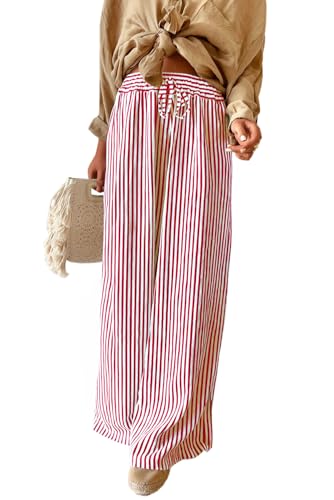 Image of Acelitt Women Casual Drawstring Elastic Waist Striped Wide Leg Pants with Pockets, S-XXL