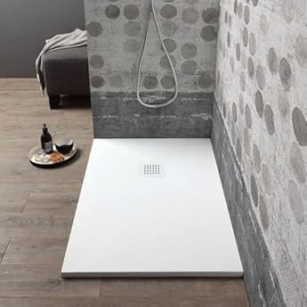 Foto di Kiamami Valentina - Piatto Doccia Resina 90x70 | Antiscivolo | Tagliabile | Effetto Pietra | Griglia Copripiletta Inclusa | Installazione Filo Pavimento, Bianco, 70x90 CM