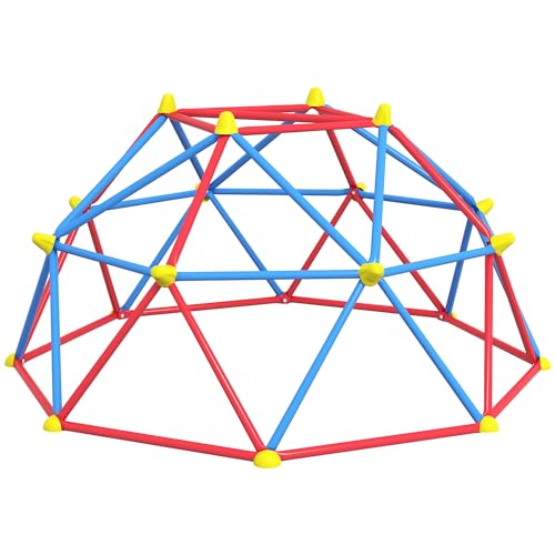 Outsunny Kletterkuppel Geometrische Kuppel Spielplatz Set für 3-8 Jahre mit Anti-UV Metallrahmen Last 180 kg für Patio Garten Ø183x90 cm Rot & Blau