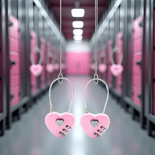 Image of 2Pcs Pink Combination Lock, 3 Digit Heart Shaped Wire Rope Padlock for School Gym Locker, Sports Locker, Fence, Toolbox, Case, Hasp Storage Combination Padlocks