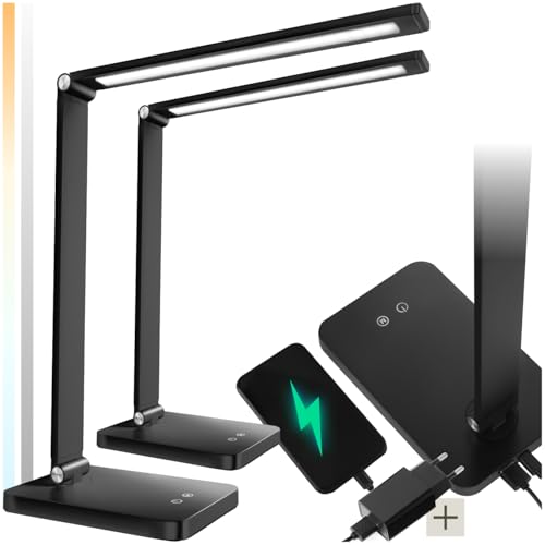 tectake® Lampara Escritorio LED, 5 W, 3 Niveles de Brillo, 5 Temperaturas de Color, Giratoria, Inclinable, Conexión USB, Estable, Flexo LED Escritorio Elegante, Lampara de Mesa - 2 Lámparas Negro