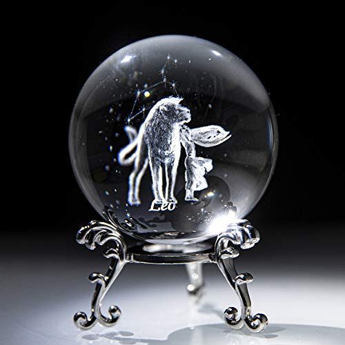 Crystal 3D Constellation Ball Crystal Paperweight Full Sphere Glass Fengshui with Sliver-Plated Flowering Stand(Leo)
