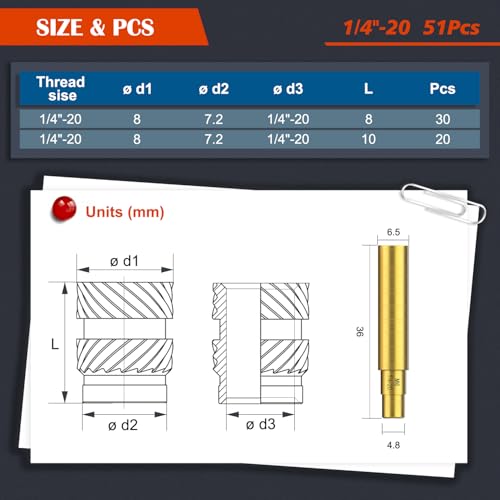 Image of 51Pcs 1 /4 inch-20 Threaded Inserts, Female Thread SAE Knurled Nuts Assortment Kit, Brass Heat Set Insert for 3D Printing Plastic Parts (1 /4 inch-20, L8xD8 and L10xD8)
