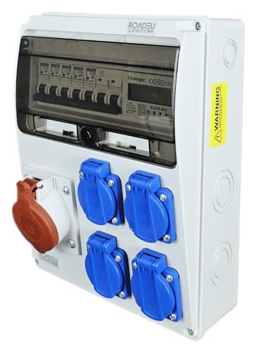 RoadEu - Caja de Distribución Eléctrica con contador de electricidad. Toma CEE 32A y 4x Schuko 230V. Distribuidor de corriente con contador y disyuntor. Cuadro Eléctrico de Obra, Premontado