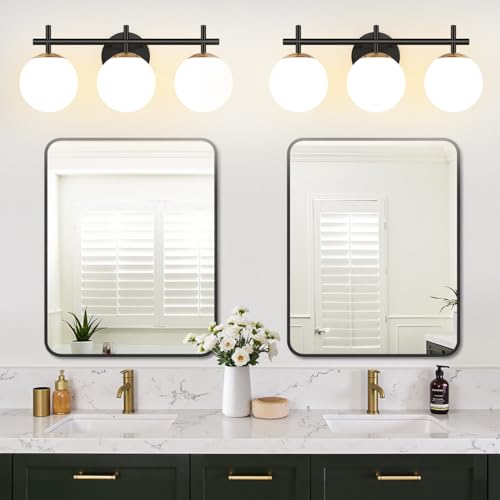 Image of 3-Light Bathroom Light Fixtures, Black and Gold Vanity Lights for Bathroom with Milky White Glass Shade, 19.3 inch Bathroom Lighting Fixtures Over Mirror, Compatible with E12 Bulbs (Bulb Not Included)