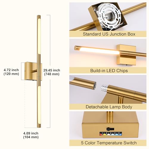 Image of TODOLUZ 30-Inch 5CCT 18W LED Bathroom Light Fixture, 2700K-5500K Brushed Brass Vanity Lighting Adjustable Lamp Tube for Mural