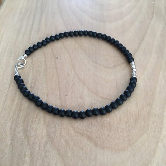 ブラックオニキス 3.5mm ラウンドシェイプ スムースカット ビーズ 7インチ シルバーメッキ クラスプ ブレスレット 男女兼用