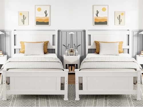 VINGLI Twin Bed Frame Set of 2 Solid Wood Platform Bed Frame, Single Bed with Headboard, No Box...