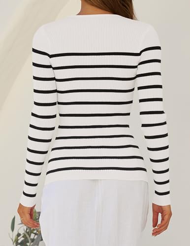 ZESICA Women's Long Sleeve Crewneck Striped Shirts Spring Ribbed Knit Sweater Slim Fitted Casual Basic Tee Tops4