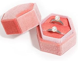 MEITREND Double Ring Box, Jewellery Velvet Gift Boxes Earring Rings Holder Storage Jewlerrying Display Case Organizer For Engagement Wedding Proposal Birthday, Vintage Hexagon Blush Pink