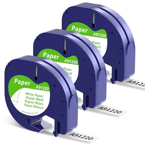 3x Aken Compatible para Dymo Cinta de Etiquetas de Papel 12mmx4m Negro sobre Blanco, S0721510 Compatible para Dymo Letratag LT-100H LT100T LT110T XR 200B