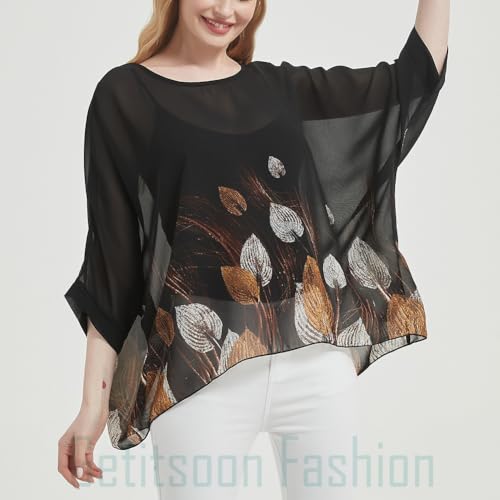 Women's Loose Alicia Floral Print Chiffon Blouse Batwing Blouses Bohemian Flowy Tops Top T-Shirt3
