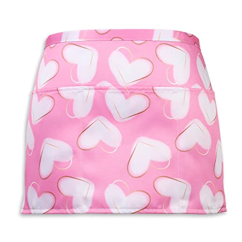 Plum Hill Pink Hearts Valentine Half Waist Apron With 3 Pockets Waterproof 100% Polyester Cocktail Aprons for Waitresses Servers Bartenders Vendors