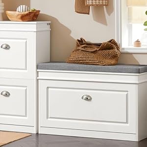 Haotian Shoe Storage Bench with Cushion White Narrow Shoe Rack for Entryway Small Shoe Cabinet with 2 Tiers Flip Drawer Closet Hallway Mudroom FSR82 L W