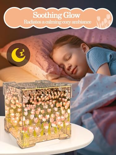 Image of DIY Tulip Night Light LED Lamp, Glass Artificial Tulips Flower, Bedroom Table Lamp, 9 Flowers, Square, Children Girl Couple Friends Gift, Atmosphere Decoration Desk Ornament