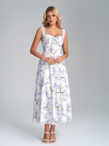 Image of KUTUMAI Floral Corset Midi Dresses for Women 2026 Lace Up Flowy Summer Wedding Guest Dress with Pockets