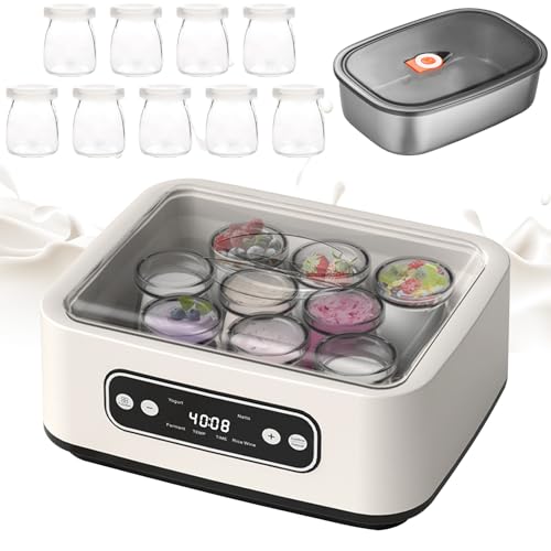 1600 ml Yogurt Maker, Probiotic Yogurt Maker with 9 Jars, Adjustable Time and Temperature, Multi-Function Yoghurt Maker with Led Display & Timer, for Make Yogurt/natto/Rice Wine