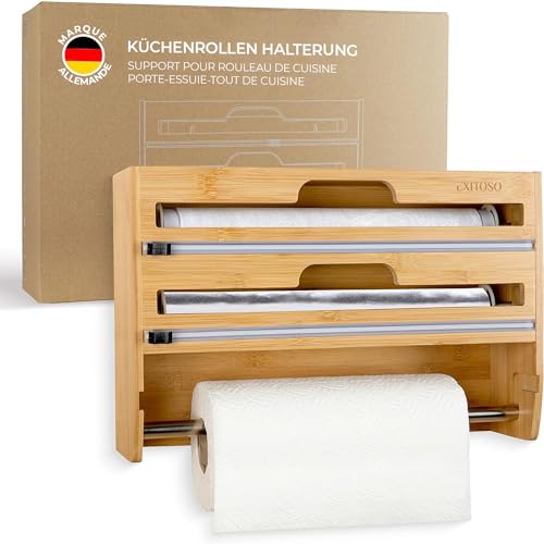 EXITOSO Découpe-film 3 en 1 en bambou – Porte-rouleau mural de cuisine – Porte-rouleau d'essuie-tout mural en bois – Porte-rouleau d'essuie-tout suspendu –...
