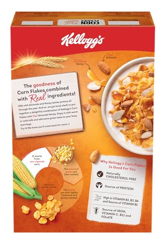 Kellogg's Corn Flakes Real Almond Honey 300g| High in Iron, Vitamin B1, B2, B3, B6 & C | Naturally Cholesterol Free | Corn Flakes, Breakfast Cereal