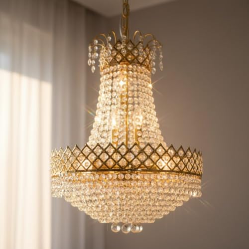 Image of DREAMY DESIGNS Round Shape Italian Golden Chandelier for Living Room with S4 Diamond Cut White Crystal | Celling Hanging Big Size Jhumar for Hall, Office & Resort | Included E14 8 Bulb(48 * 48 * 98)