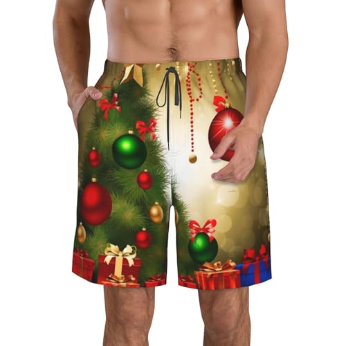 Merry Christmas Men's Swim Trunks Quick Dry Board Shorts with Pockets Casual Drawstring Beach Shorts