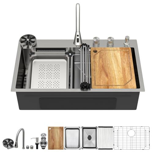 Talllor 33 Inch Waterfall Drop In Kitchen Sink - Workstation 16 Gauge T-304 Stainless Steel Single Bowl Sink with All-In One Accessories, Three-Holes, Faucet, and Cup Washer #TLWF-0020 by Talllor - Image 9