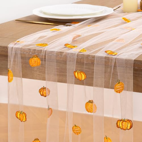 Image of Pumpkin Embroidery Fall Table Runner White Sheer Tulle Table Runner, 3PC