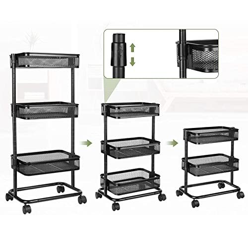 LEHOM 3-Tier Rolling Utility Cart Adjustable Height with Wheels Easy Assembly for Office, Bathroom, Kitchen (Black)