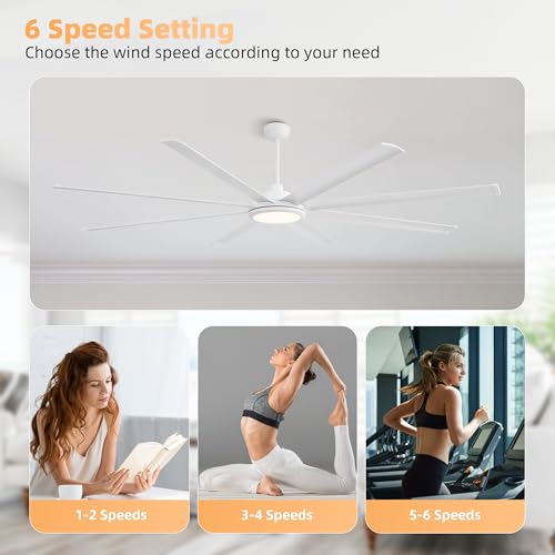 Image of WINGBO 120 Inch Industrial Ceiling Fan with Light and Remote, 8 Aluminum Blades Large Ceiling Fans, 3CCT, 6-Speed Reversible Noiseless DC Motor for Kitchen Bedroom Living Room, White