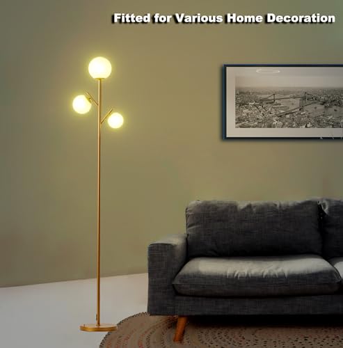 Image of Fiqevs 3 Globe Floor Lamp for Living Room, Mid Modern Standing Tree Lamp | 3000K Warm Light, 3 LED Bulbs Included, Orb Frosted Glass Shade contemporary Lamp for Bedroom /Office, Antique Brass /Gold