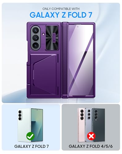 Image of for Samsung Galaxy Z Fold 7 Case with Card Holder RFID Blocking, Built in Slide Lens Cover & Hinge Protection & Screen Protector, Shockproof Wallet Case for Z Fold 7 (Purple)