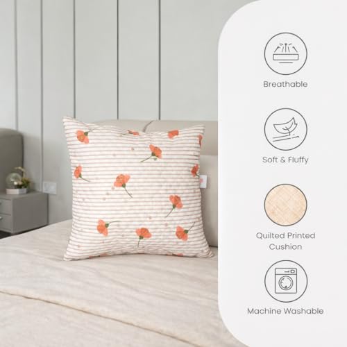 Image of STITCHNEST 'QuadraNest' Series Printed Quilted Velvet Cushion Cover 16x16 Inch Set of 2 | Premium Soft Fabric, Washable & Fade Resistant | Decorative Living Room Cushion Covers | Orange Floral