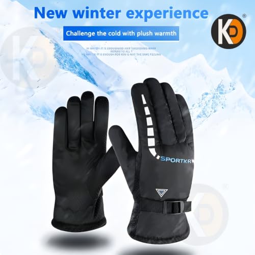 Image of K D Full Finger Winter Gloves for Men & Women with Fur Inside | Warm, Windproof, Waterproof, Scratch-Proof Thermal Gloves | Ideal for Biking, Riding & Cold Weather (Gloves Black Sport Pack of 02)
