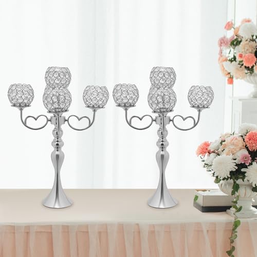 2 Pack 5 Arms Crystal Candelabra Centerpieces, 21.5 Inch Tall Candle Holder, Tabletop Candelabra Stand with Crystal Candle Holder Bowl for Christmas Wedding Dinner Table Decoration (Silver)