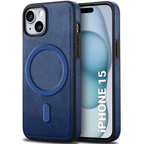 Image of TheGiftKart Genuine Leather Finish Back Cover Case for iPhone 15 | Shockproof Design | Raised Edges for Camera & Screen Protection | Stunning Minimalist Design Case Cover (MagSafe Compatible, Blue)