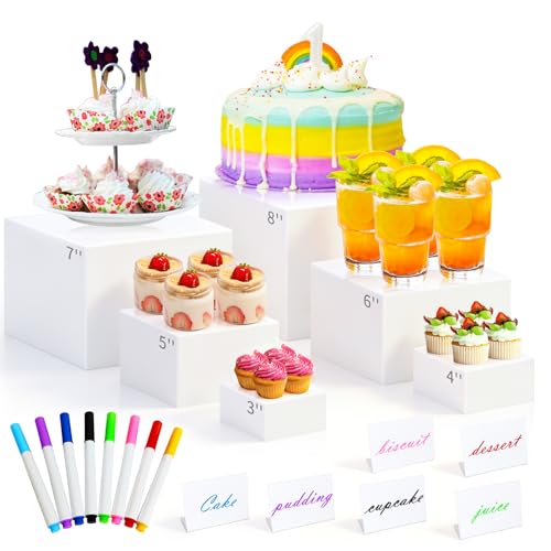 ABenkle 6Pcs White Acrylic Buffet Risers Buffet Table Risers and Stands Food Risers Display Shelf for Party Catering Dessert Cupcake Cube Display Box with Mini Sign