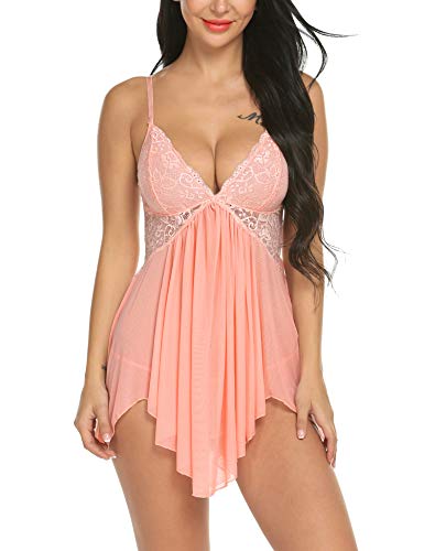 Avidlove Women Lingerie Lace Babydoll V Neck Sexy Sleepwear Strap Chemise (Pink,XL)