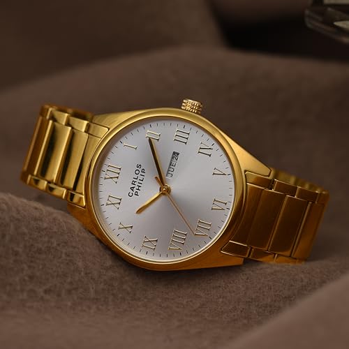 Image of Carlos Philip Men's Roman Numeral Analog Watch - Day and Date Display, Stainless Steel Strap, Quartz Movement, Business Style Watch for Men
