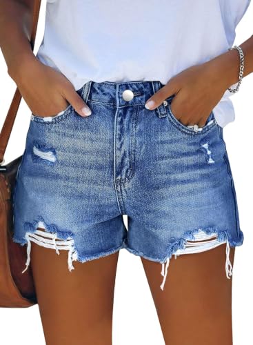 Image of onlypuff Womens Jean Short Cut Off Denim Shorts High Waist Ripped Distressed Stretchy