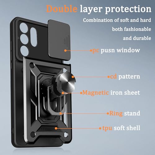 Image of Casodon Heavy Duty Back Case Cover for Samsung Galaxy S26 Ultra 5G, Shockproof Samsung Galaxy S26 Ultra Back Cover, Ring Case with Kickstand and Camera Protection Shutter - Black