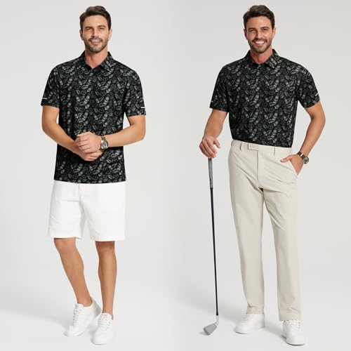 Image of Golf Shirts for Men - Dry Fit Moisture Wicking Short Sleeve Performance Sport Casual Striped Collared Mens Polo Shirt