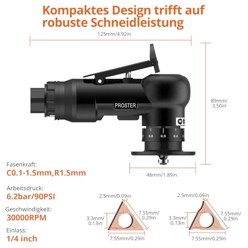 Proster Druckluft Anfasmaschine Pneumatisch Entgratwerkzeug – Präzise Fasen & Entgraten von Metall, 30000 U/min Industrie Werkzeug, Dual-Kopf Fasenwerkzeug mit R- & C-Klingen für Metallbearbeitung