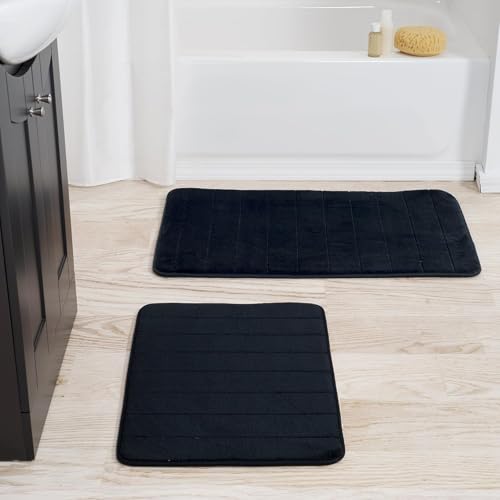 Bedford Home Set of 2 Microfiber Memory Foam Bath Mats – Plush Bathroom Rugs with Nonslip Back and Quick Drying Striped Pattern Top (Black)