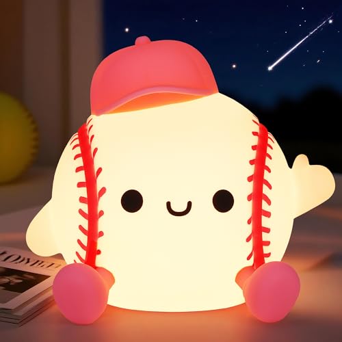 Image of OkiyiD Softball Lamp, Dimmable Silicone Touch Night Light, Soft Glow Bedside Lamp for Bedroom Desk Decor, Softball Gifts for Girls, USB Powered with Gentle Illumination