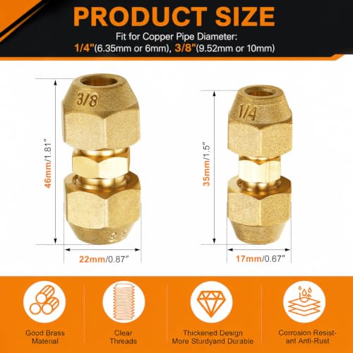 Image of Relaxweex 6 Pcs Copper Flare Coupling Connectors with Nuts HVAC,1 /4 inch 3 /8 inch | 1 /4 inch 3 /8 inch Compression Fittings for Copper Tubing, Air Conditioning Refrigeration, Flare Nut Adapters, Tube Connections