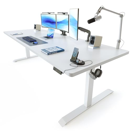 Image of FEZIBO 83 x 37 Inch Electric Standing Desk with Integrated Dual-Beam & Cable Management, Memory Height Adjustable Computer Desk for Home Office Workstation, 1 inch Thick Large 3-Piece Tabletop White