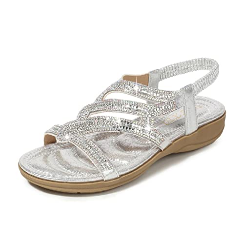 DKCHENH Rhinestone Sandals for Women Flat - Trendy Sparkling Boho Ladies' Flat Sandals,Beautiful Sparkling Boho Ladies' Flat Shoe for Summer.