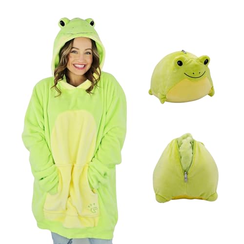 Image of Plushible Wearable Hooded Blanket for Adults, Oversized Hoodie with Sleeves & Pocket, 2-in-1 Comfy Hoodie Blanket Pillow - Frog